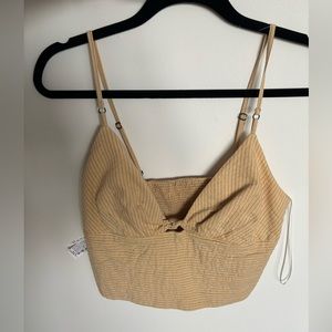 Zara Linen Crop Tank Top, Tan with Stripes, Size Large